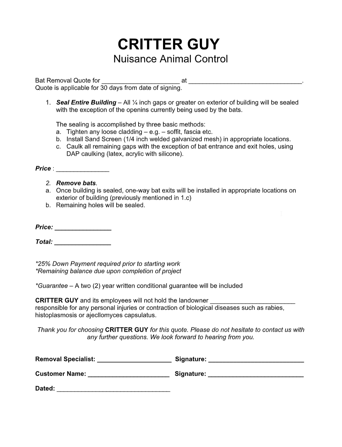 Wildlife bat removal service form